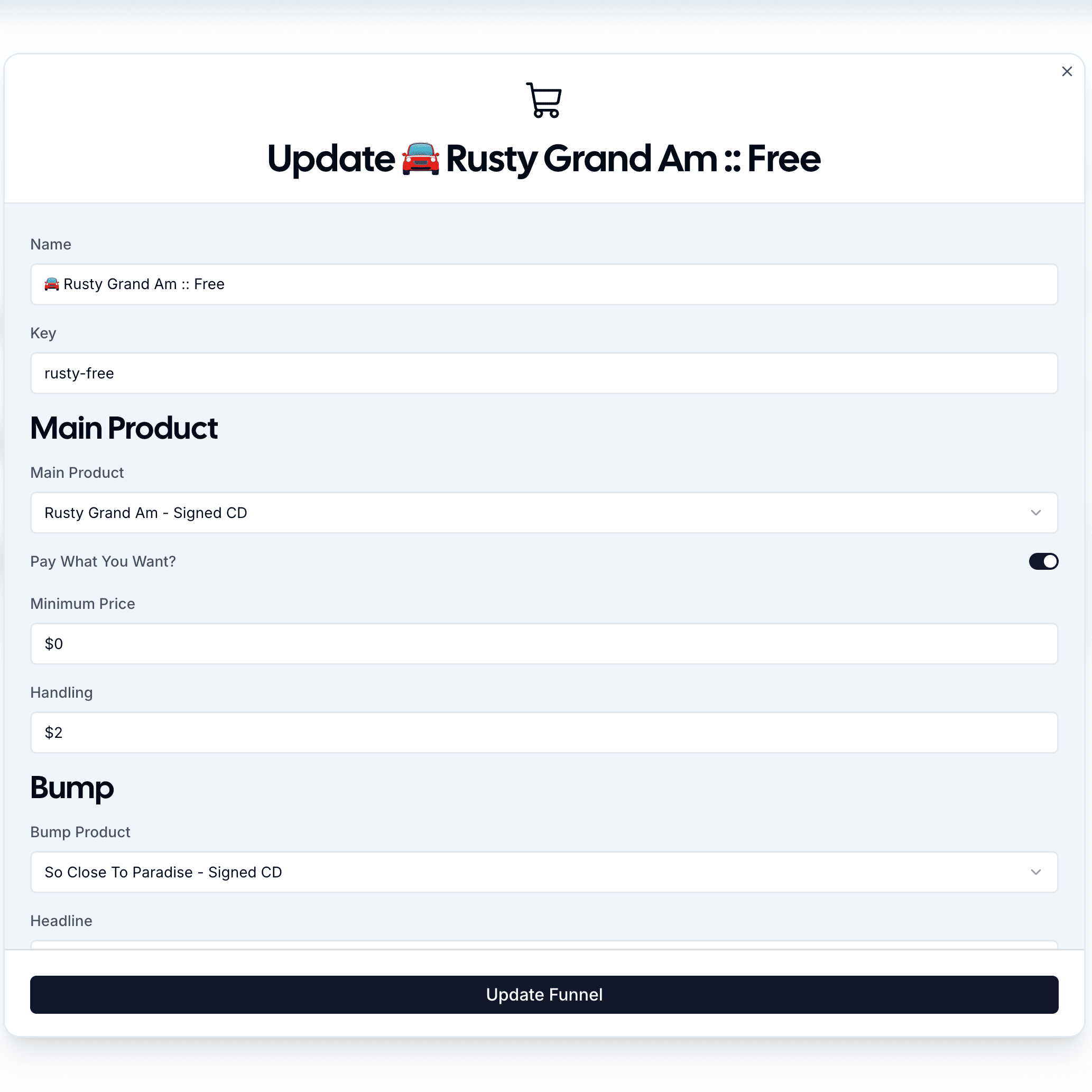 The barely.cart funnel builder with a main product, bump and upsell configured