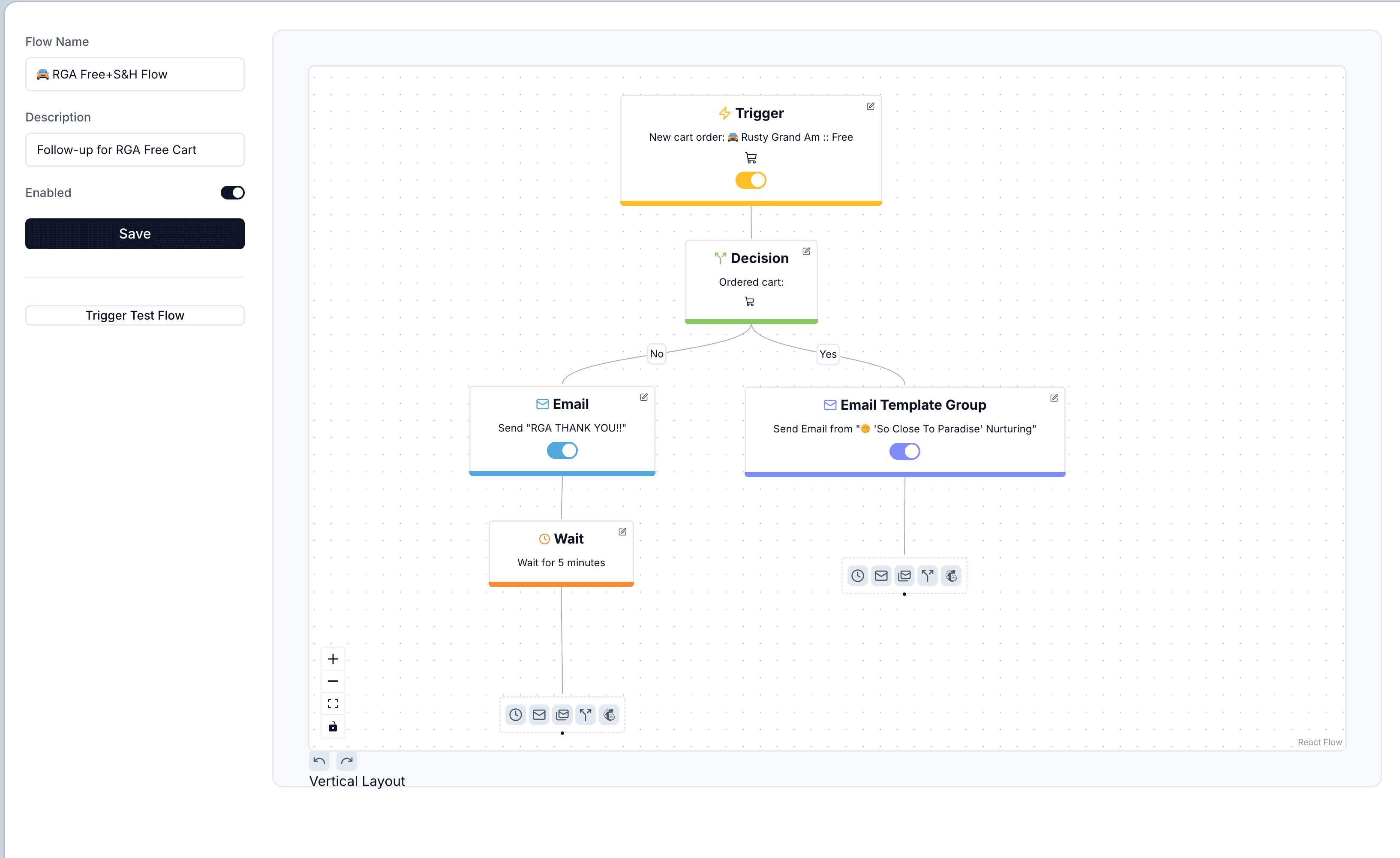 The barely.ai flow builder, an email sequence drawn as connected steps