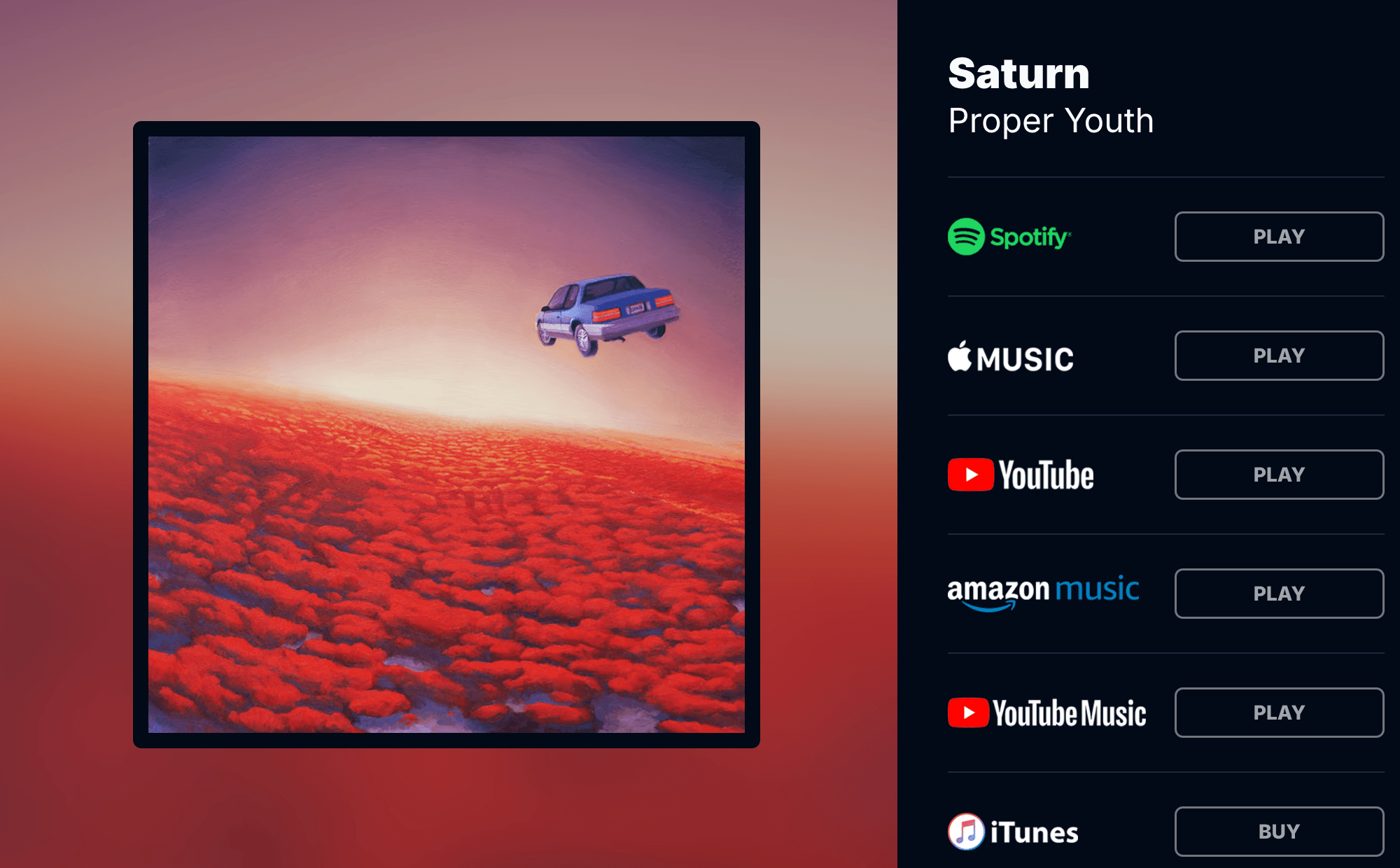 A barely.fm smart link page listing every streaming service for a release